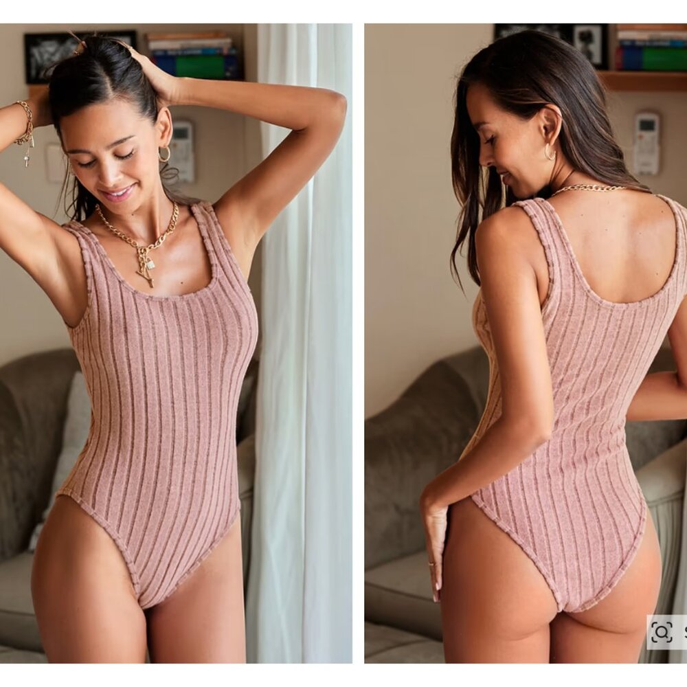 NWT Cupshe Rose Ribbed Knit Sleeveless Square Neck Bodysuit Small
